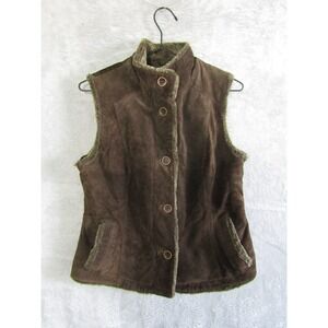 Brown Faux Suede Fur Trim Vest Gilet Button Up Pockets Outerwear